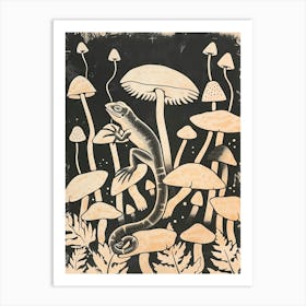 Lizard On The Mushrooms Wood Block Style 1 Art Print