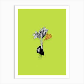 Vintage Autumn Crocus Black and White Gold Leaf Floral Art on Chartreuse Art Print