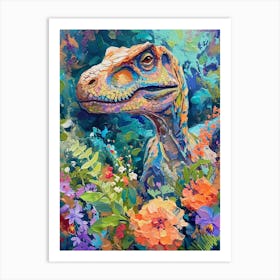 Dinosaur In The Garden Flowers 1 Art Print