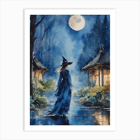 The Blue Witch ~ Blue Moon Fairytale Witchcraft Sacred Spirit Watercolor Painting China Yoga Meditating Spiritual Painting Art Print