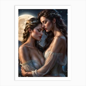 Two Women Hugging In The Moonlight Art Print