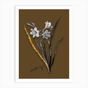 Vintage Daylily Black and White Gold Leaf Floral Art on Coffee Brown Art Print