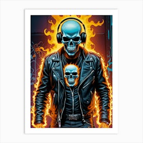 Fiery Skeleton Biker In Headphones, music, rock, colorful Art Print