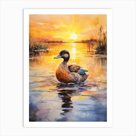 Duck Swimming In The Lake At Sunset Watercolour 1 Art Print