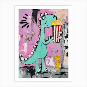 Dinosaur Eating Popcorn Purple Graffiti Style 1 Art Print