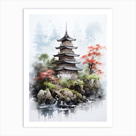 Chureito Pagoda In Yamanashi, Japanese Brush Painting, Ukiyo E, Minimal 4 Art Print