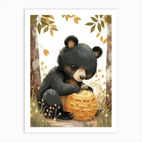 American Black Bear Cub Playing With A Beehive Storybook Illustration 4 Art Print