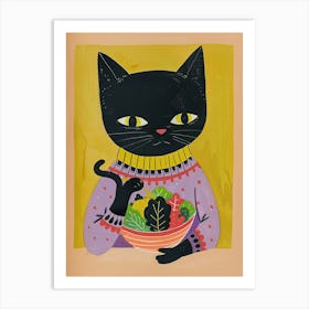 Black Cat Eating Salad Folk Illustration 1 Art Print