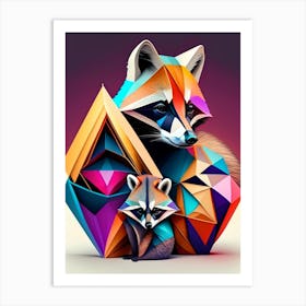 Raccoon Mother With Baby Modern Geometric Art Print