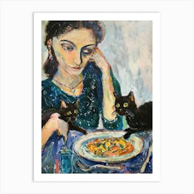 Portrait Of A Woman With Cats Eating Pasta 1 Art Print