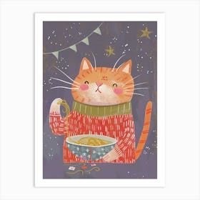 Orange Cat Pasta Lover Folk Illustration 3 Art Print