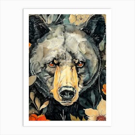 Black Bear With Flowers animal art Art Print