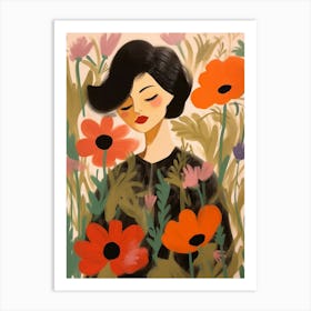 Woman With Autumnal Flowers Poppy 1 Art Print