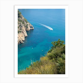 Cliffs and boat in a Mediterranean bay Art Print