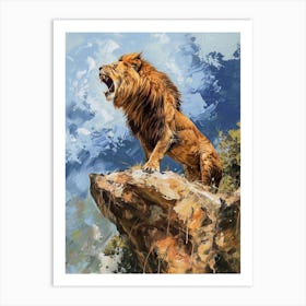 Barbary Lion Roaring On A Cliff Acrylic Painting 1 Art Print