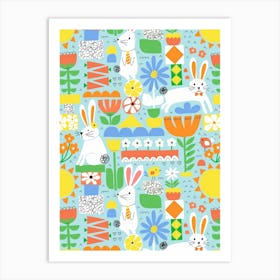 Cute Easter Bunnies and Birds Cut Out Collage Bright Rainbow Kids Art Print