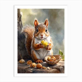 A Baby Squirrel Holding A Walnut Art Print
