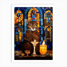 Stained Glass Cat In Church With Candles Art Print