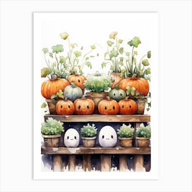 Cute Bedsheet Ghost, Botanical Halloween Watercolour 88 Art Print