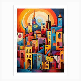 Old Town at Sunrise, Vibrant Colorful Abstract Painting in Cubism Style Art Print