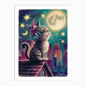 Cat Listening To Music Art Print