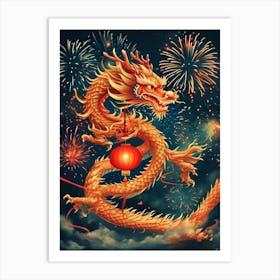 Chinese Dragon With Fireworks Art Print