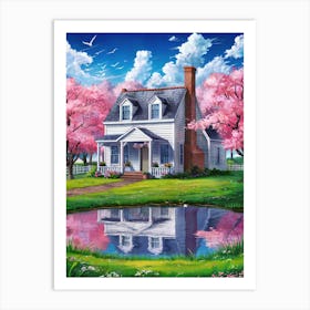 Anime Art: Charming country house with pink cherry blossoms, a serene pond reflection, and a vibrant spring setting, perfect for tranquil vibes. Art Print