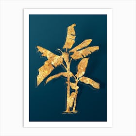 Vintage Scarlet Banana Botanical in Gold on Teal Blue Art Print