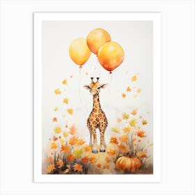 Giraffe Flying With Autumn Fall Pumpkins And Balloons Watercolour Nursery 4 Art Print