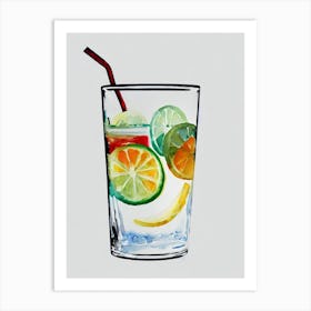 Long Island Iced Tea Minimal Line Drawing With Watercolour Cocktail Poster Art Print