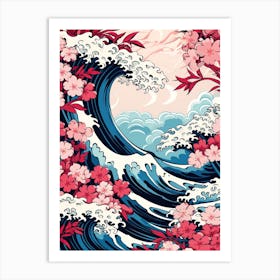 Great Wave With Cherry Blossom Flower Drawing In The Style Of Ukiyo E 3 Art Print