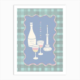 Celebrate with good wine and candlelight gingham cyan blue Art Print