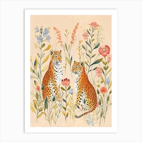 Folksy Floral Animal Drawing Leopard Art Print