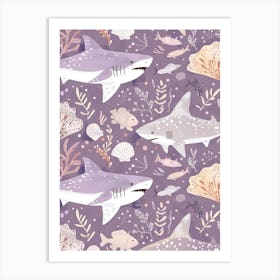Purple Shark Deep In The Ocean Illustration 2 Art Print