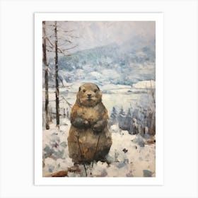 Vintage Winter Animal Painting Woodchuck 2 Art Print
