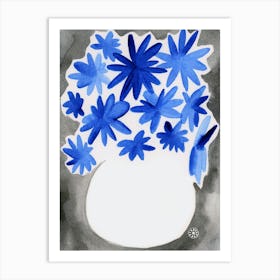 Blue Flowers In A White Vase - blue white gray floral watercolor minimal abstract vertical Art Print