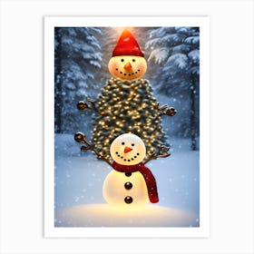 Snowman And Christmas Tree Art Print