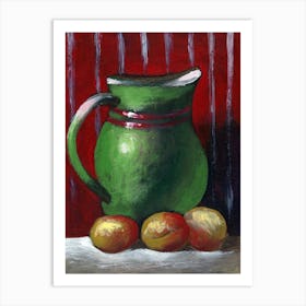 Green Jug With Apricots - still life painting Anton Maliar red green orange vertical kitchen living room Art Print