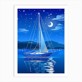 Sailing Boat At Night Art Print