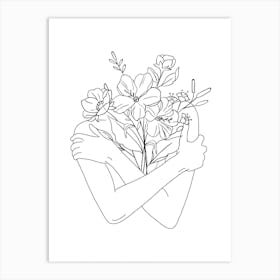 Woman Flowers Line Art Art Print