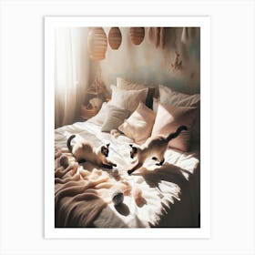 Two Cats Playing On A Bed Art Print