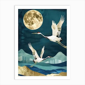 Cranes Flying Gold Blue Effect Collage 2 Art Print