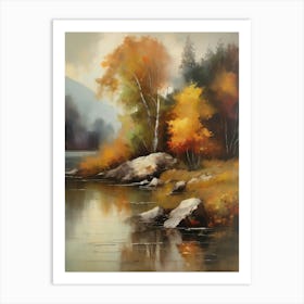 Autumn Lake,Forest Lake, Vintage Oil Painting, Farmhouse Wall Decorations, Antique Landscape, Vintage Landscape Oil Painting.4 4 Art Print