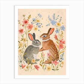 Folksy Floral Animal Drawing Rabbit Art Print