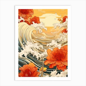 Great Wave With Daffodil Flower Drawing In The Style Of Ukiyo E 2 Art Print