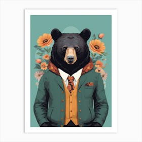 Floral Black Bear Portrait In A Suit (28) Art Print