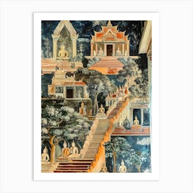 Ancient Buddhist Temple Painting Of The Life Of Buddha Inside Of Wat Pho In Bangkok, Thailand Art Print