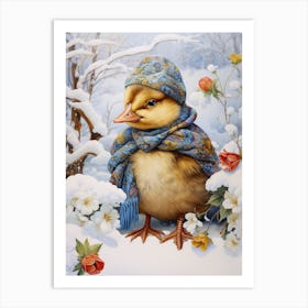 Snowy Duckling With Hat & Scarf Detailed Painting 1 Art Print