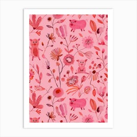 Pigs And Florals Pink Art Print