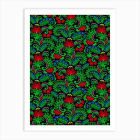 Floral Fairytail - Beauty Forest Flower - Bloom Fantasy Wildflower - Folk Ukrainian Ornament Obereg - Petrykivka - Green Fern Leaves Red Guelder Rose - Colorful Petal Mood on Black Art Print